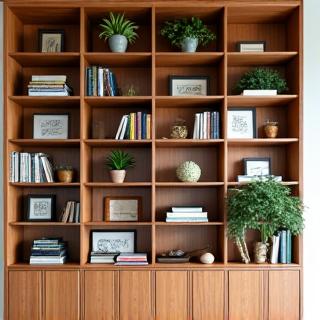 Custom built-in bookshelf filled with books and decor
