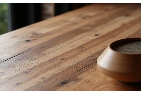 Rustic dining table made from reclaimed timber.