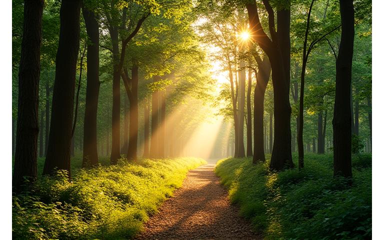 Serene forest path with sunlight filtering through trees